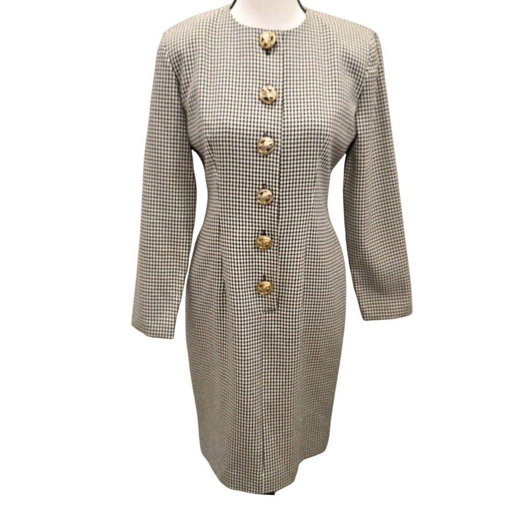 Vtg 90s SANTA FE Houndstooth Coat Dress 2 Midi Longline Blazer Gold Crest Button - Picture 2 of 10